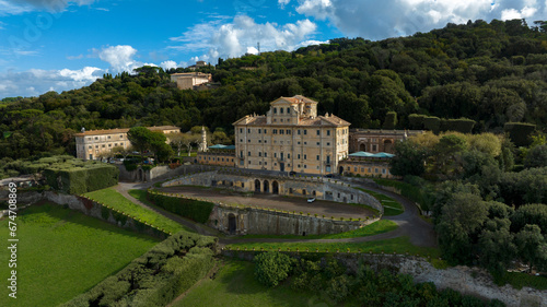 Aerial view of the villa Aldobrandini in the town Frascati, in the metropolitan city of Rome Capital, in the area of Roman Castles, Lazio, Italy. It is a nobility historic palace with a large garden. photo