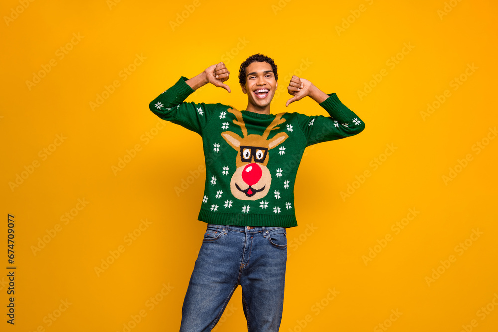 Portrait of cheerful funky person point thumb fingers self himself enjoy festive atmosphere isolated on yellow color background Portrait of cheerful funky person point thumb fingers self himself enjoy festive atmosphere isolated on yellow color background