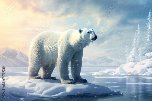 polar bear stand on ice floe in winter landscape