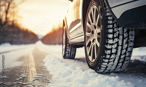 Low angle view of a car tire on a winter road covered in ice and snow. Winter travel background