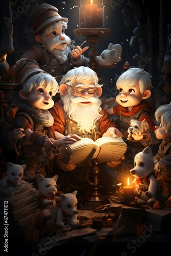 Santa Claus reading a book in a dark room. 3d illustration