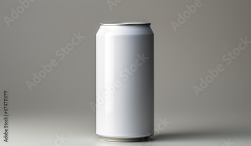 Blank white soda can on gray background, ideal for mockups and product placement