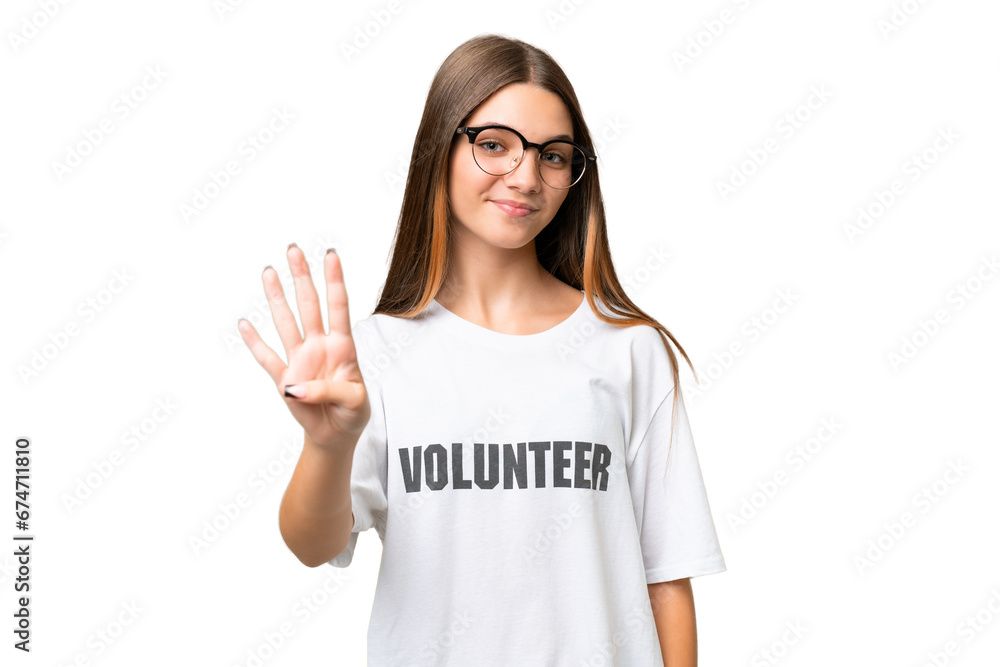 Teenager volunteer caucasian girl over isolated background happy and counting four with fingers Teenager volunteer caucasian girl over isolated background happy and counting four with fingers