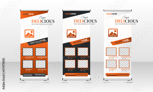 Fast food restaurant business marketing roll up or x banner template design with abstract background Roll Up Banner
