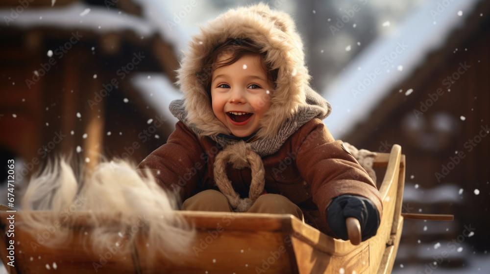 A joyful child with a beaming smile, wearing winter clothing and holding onto a wooden sled, surrounded by sparkling snowflakes in the glowing light of the winter sun. A joyful child with a beaming smile, wearing winter clothing and holding onto a wooden sled, surrounded by sparkling snowflakes in the glowing light of the winter sun.
