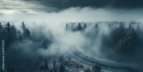 Top view of a road in a winter landscape. a road passing through nature from a bird's eye view.