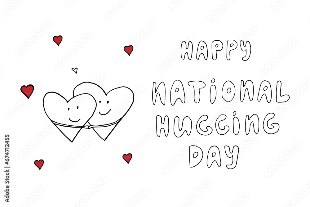 Cute gretting card of National Hugging Day and lettering. Cute hearts hugging. Great for greeting card, banner, poster. Hand drawn. Doodles