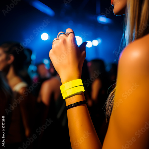 Girl's arm wearing a glowing wristband while at a Rave party or clubbing. Concept of nightlife, dancing and drugs and abuse in the nightlife scene. Shallow field of view.