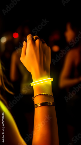 Girl\'s arm wearing a glowing wristband while at a Rave party or clubbing. Concept of nightlife, dancing and drugs and abuse in the nightlife scene. Shallow field of view.