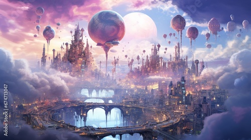 floating city in the upper atmosphere of a gas giant with transparent domes and intricate walkways suspended amidst colorful clouds as alien inhabitants traverse the cityscape in graceful airborne 