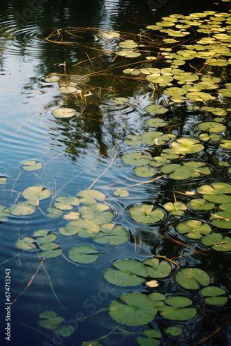surface d'une rivière où se reflète les arbres de la foret, ils flottent des feuilles et des fleurs de nénuphars à la surface de l'eau avec des ondulations dû au souffle du vent © Sébastien Jouve