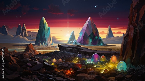 A surreal landscape featuring giant glowing gemstones emerging from the earth, surrounded by smaller, colorful pebbles.
