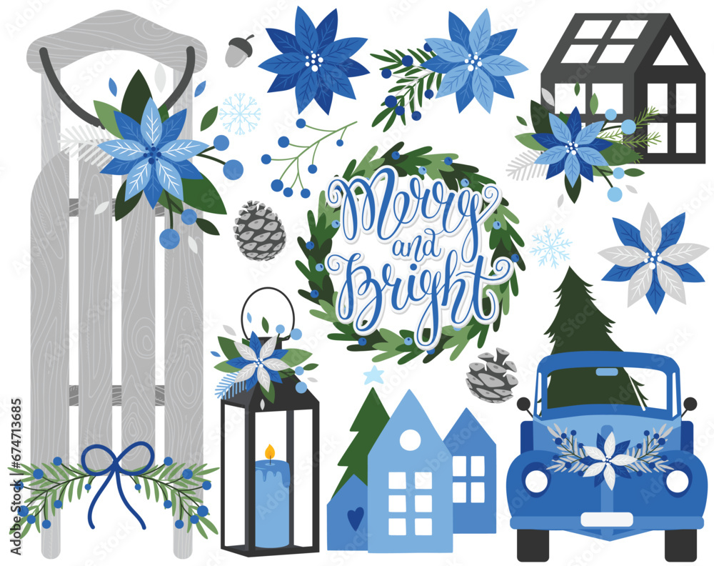Christmas Farmhouse Decor, blue and silver Christmas Farmhouse Decor, blue and silver