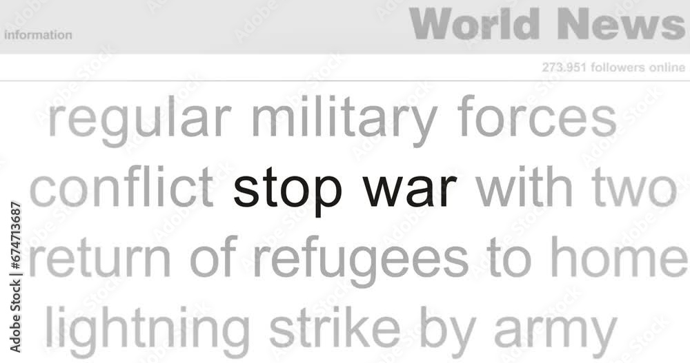 Stop war peace freedom and no more violence headline news across international media. Abstract concept of internet news titles on screens loop. Seamless and looped animation. Stop war peace freedom and no more violence headline news across international media. Abstract concept of internet news titles on screens loop. Seamless and looped animation.