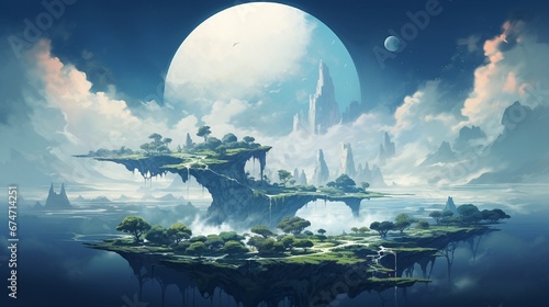 A surreal landscape of floating islands on a gas giant's atmosphere, with exotic flora and fauna adapted to the extreme conditions.