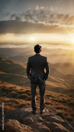 a businessman standing on top of a mountain, symbolizing leadership, challenge and the pursuit of opportunities as the weather changes. concept of leadership, challenge. photo