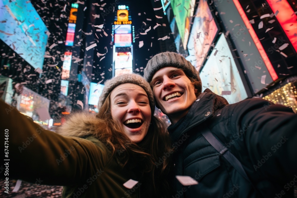 A couple celebrating new year in big city taking selfie