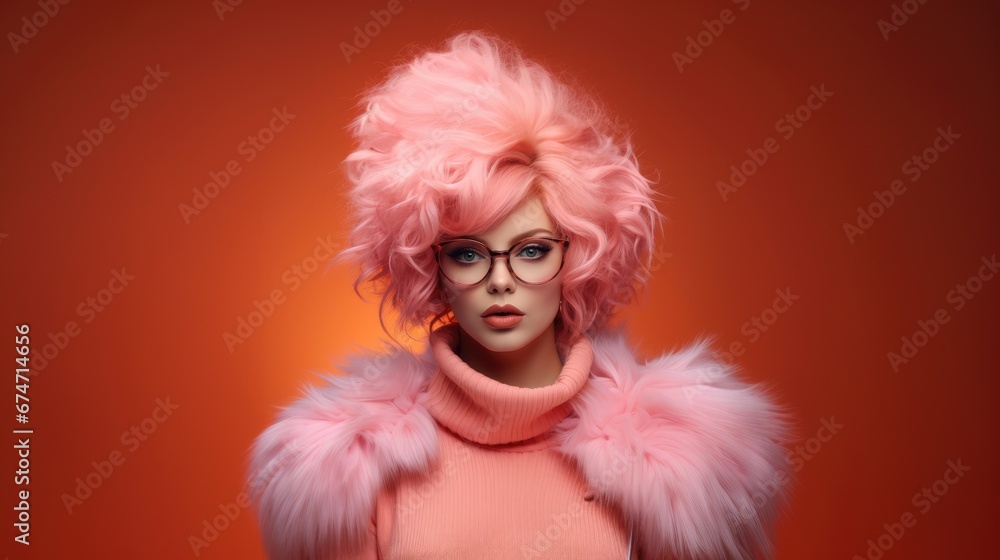 beautiful woman with colorful hair and cloths wearing glasses in Stylish posing as supermodel on orange studio background,  Generative AI