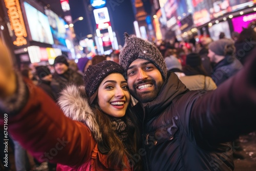 A couple celebrating new year in big city taking selfie © blvdone