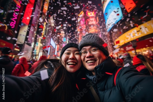 A couple celebrating new year in big city taking selfie