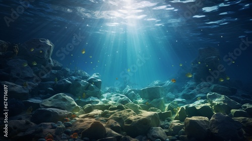 A surreal underwater scene with glowing stones and pebbles on the ocean floor, illuminated by the soft light filtering through the water surface.