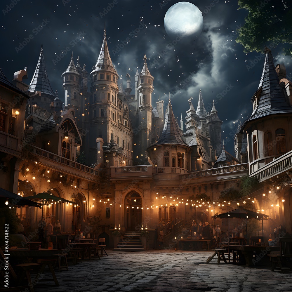 Magic fairy tale castle at night with full moon. Fairy tale castle at night. Fairy tale castle