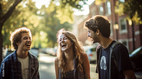 group of friends laughing in college  friends having conversation in campus
