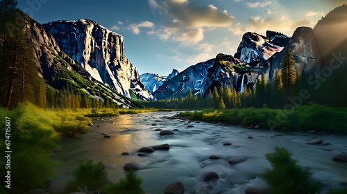 Beautiful panoramic view of the mountain river at sunset.