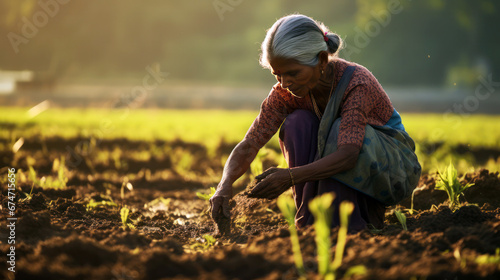 Indian woman farmer working in the field photo