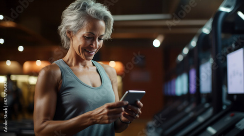 mature woman checking her smartphone in gym photo