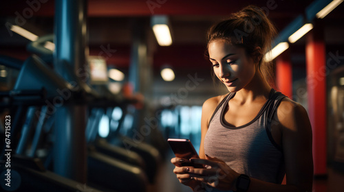 teen checking fitness app in smartphone in gym