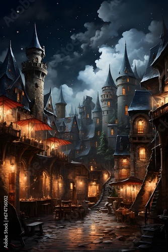 Fairytale castle in the night. Illustration for your design