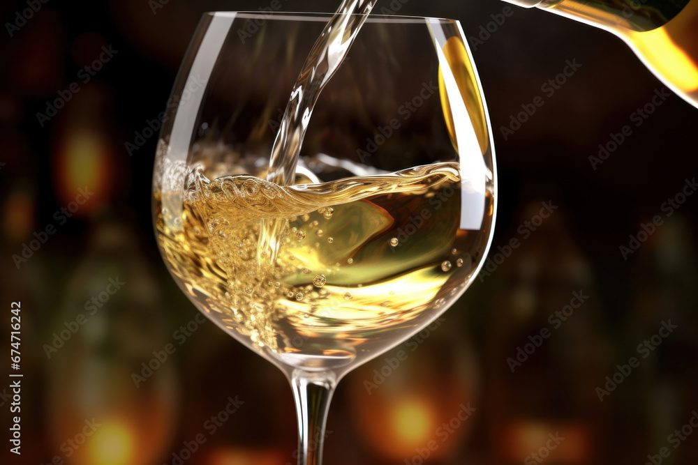 a White wine being poured in the wineglass.