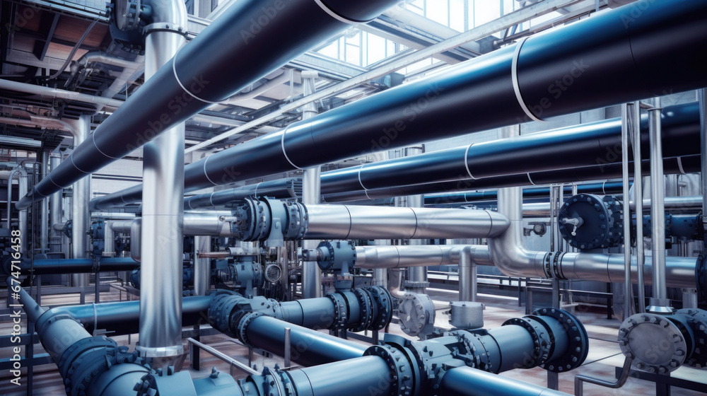 Steel water piping structure with circulation pumps and valves in industrial building.