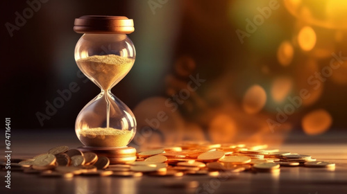 Golden coins and hour glass sand clock. Time is money concept.