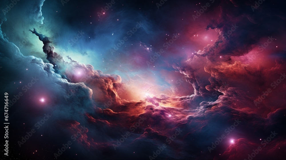 A vibrant nebula swirling with colorful gases and stars, resembling a cosmic painting.