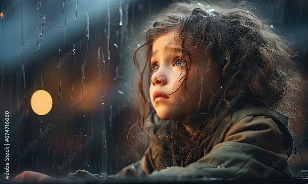Dziewczynka w deszczu patrząca na krople spływające po oknie.  - obrazy, fototapety, plakaty 