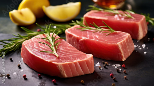 Tuna steak slices infused with fresh herbs on marble table.