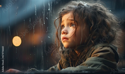 Dziewczynka w deszczu patrząca na krople spływające po oknie. 