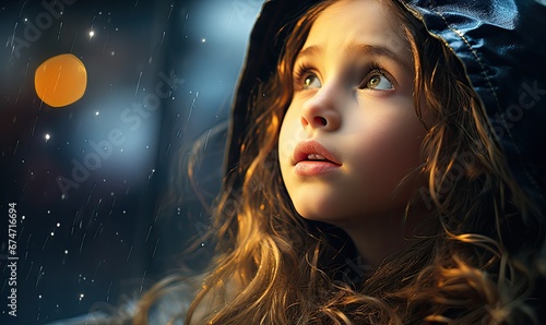Dziewczynka w deszczu patrząca na krople spływające po oknie. 