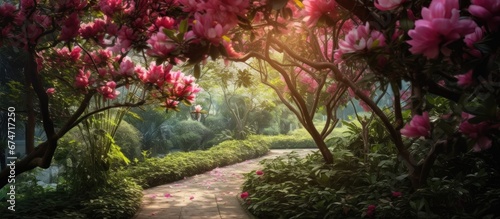 In the background of a lush garden the vibrant green leaves and colorful flowers filled the air with the natural beauty of spring showcasing the breathtaking hues of pink petals and enhanci