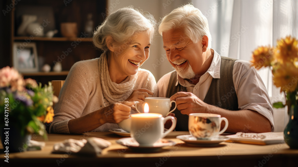 Elderly couple sharing a warm and intimate moment, while holding a cup of coffee, surrounded by the soft glow of candlelight, desserts, on a cozy dining table.