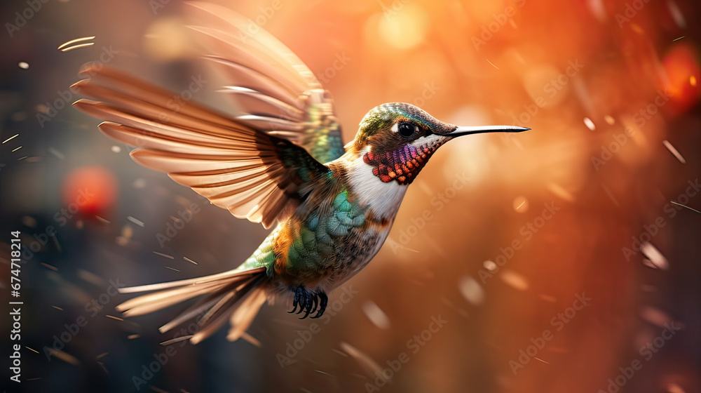 Naklejka premium A mesmerizing close-up of a hummingbird mid-hover, with wings in blurred motion Ai Generative