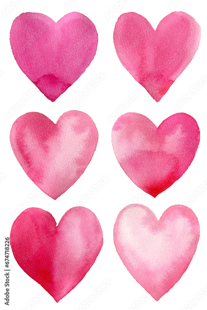 Love watercolor, Hand painted watercolor pink heart set isolated on white background. Valentines Day elements