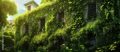 In the background of a beautiful summer nature scene vibrant spring leaves cover the building s walls exemplifying the concept of natural beauty and growth in the green environment