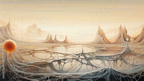 An abstract landscape with interconnected strings and membranes, representing the complex and interconnected nature of string theory