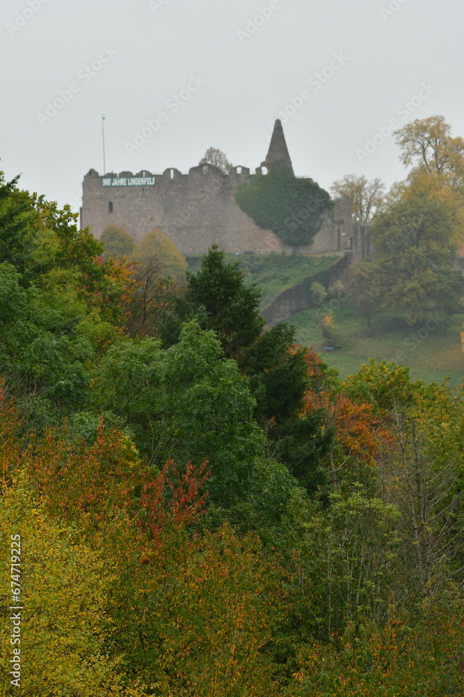 Castle Lindenfels in german odenwald rainy fall day