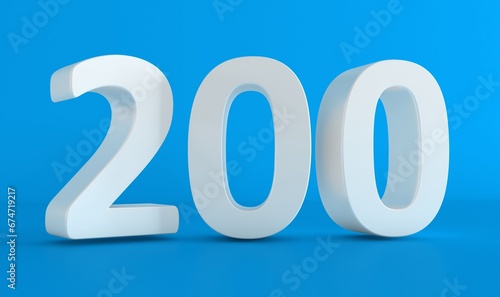Number 200 in white on light blue background, isolated number. Two hundred 3d word.