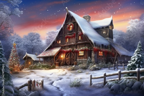 Snow covered rustic barn in a winter wonderland, Christmas New Year image photo