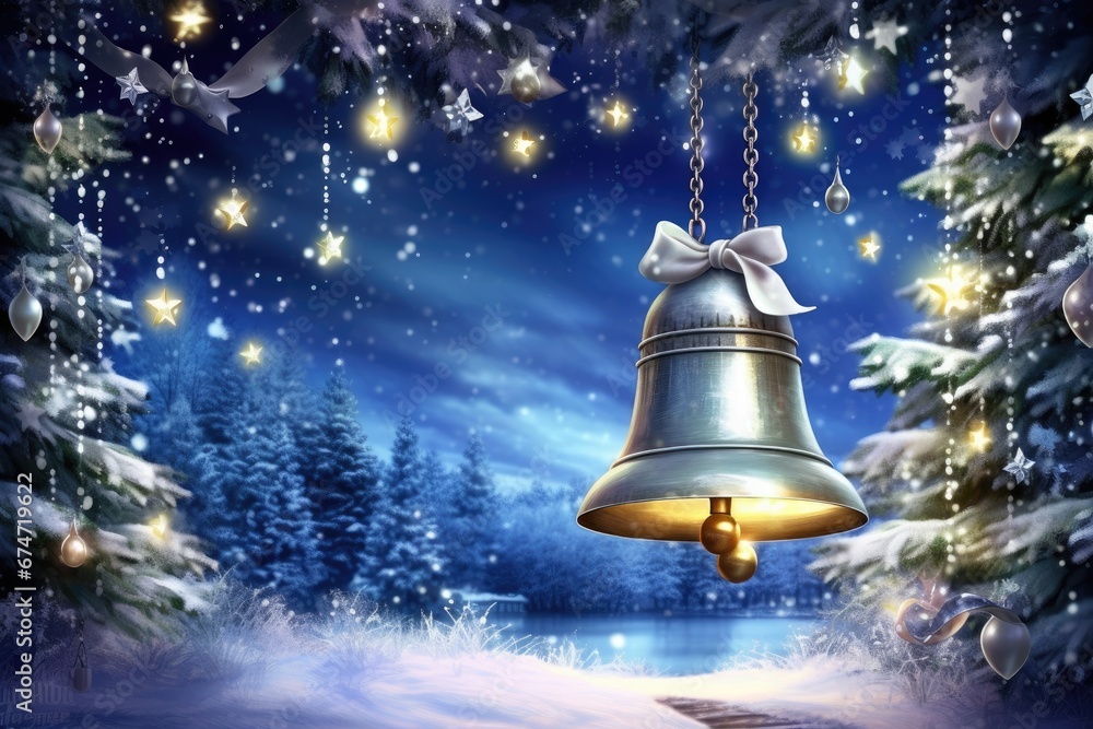 Christmas silver bell jingle on ribbon, Christmas New Year image - obrazy, fototapety, plakaty 